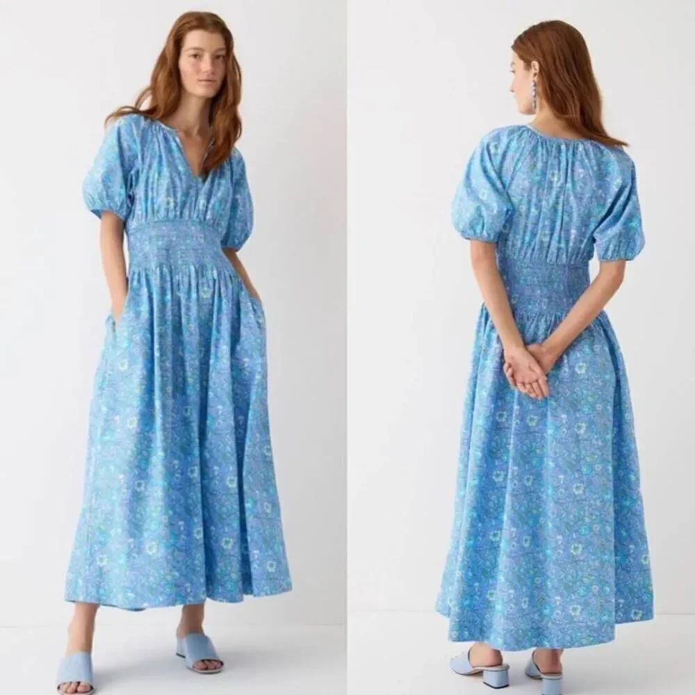 J. crew Provence smocked-waist midi dress in marigold blooms cotton poplin S